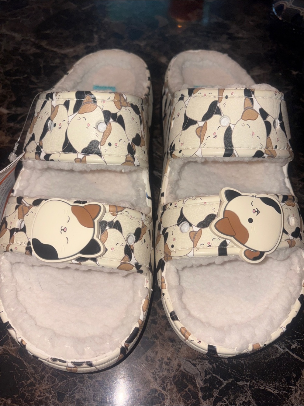 CROCS Cozy Cat Print Fuzz Lined Slide Sandals in Cream, Black, Brown